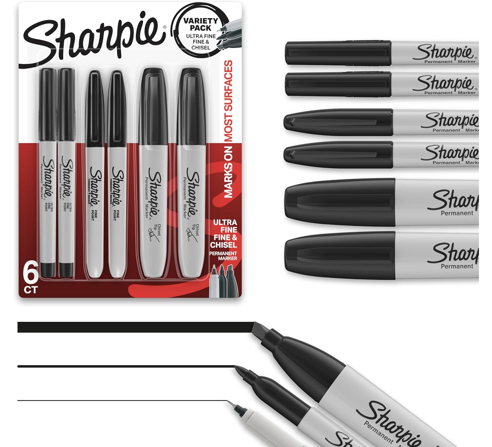 Sharpie Permanent Markers Variety Pack, Black, Ultra-Fine, Chisel, Fine Tip, 6 Count