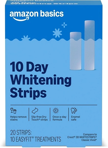 Amazon Basics 10 Day Teeth Whitening Strips Kit, Enamel Safe, 10 Treatments