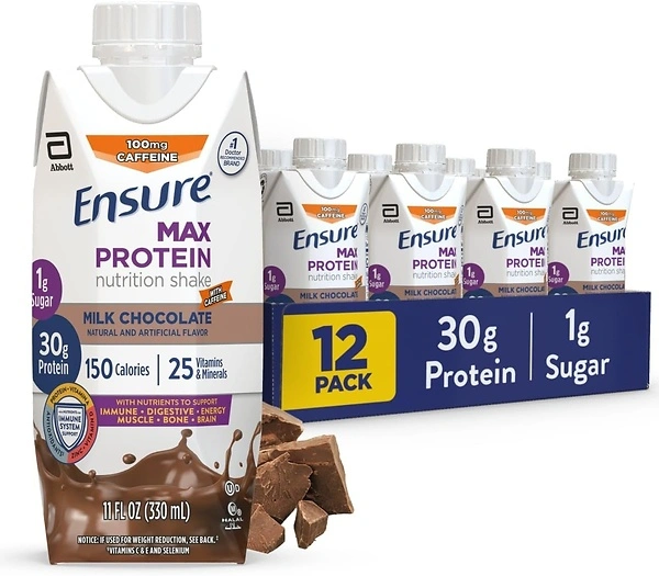 Ensure Max Protein Shake, Milk Chocolate with Caffeine, 30g Protein, 12 Pack