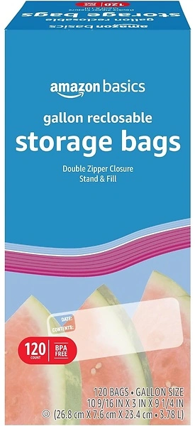Amazon Basics Reclosable Gallon Food Storage Bags, Stand & Fill Base, 120 Count