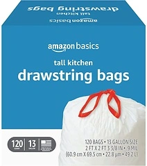 Amazon Basics Tall Kitchen Drawstring Trash Bags, 13 Gallon, 120 Count