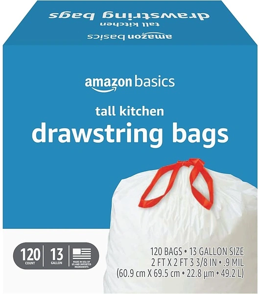 Amazon Basics Tall Kitchen Drawstring Trash Bags, 13 Gallon, 120 Count