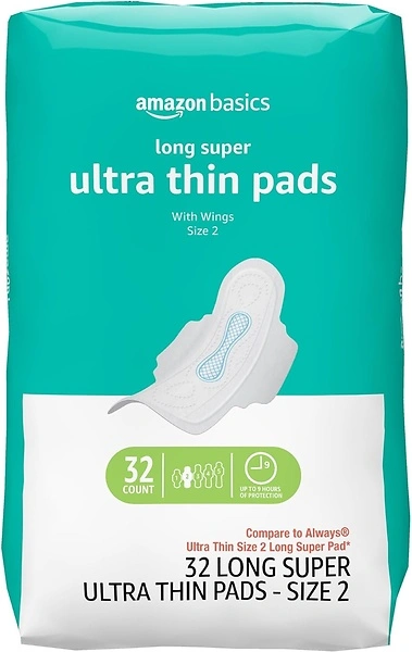 Amazon Basics Menstrual Pads for Women, Long Length, Size 2, 32 Count