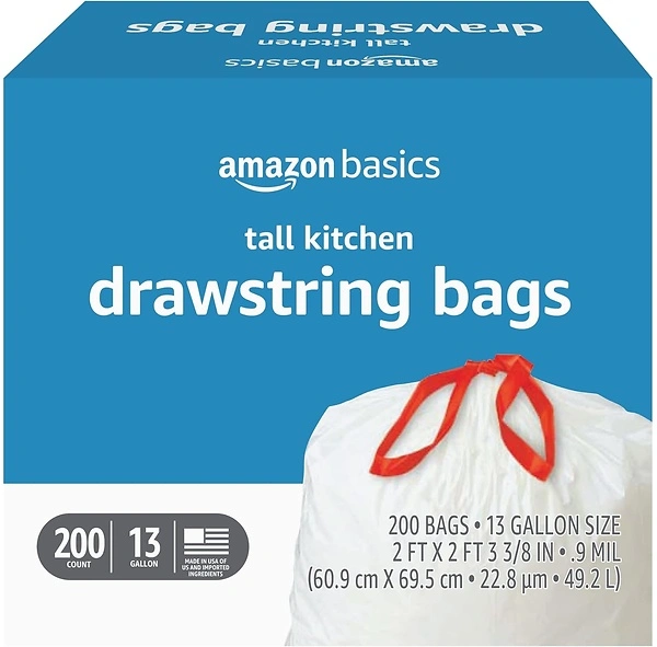 Amazon Basics Tall Kitchen Drawstring Trash Bags, 13 Gallon, 200 Count