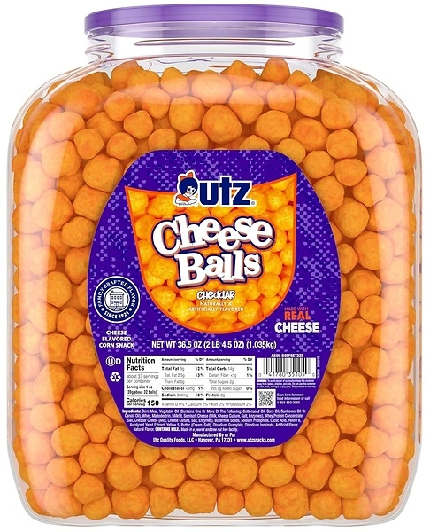 Utz Cheese Balls Barrel, Baked with Real Cheddar Cheese, 36.5 Oz