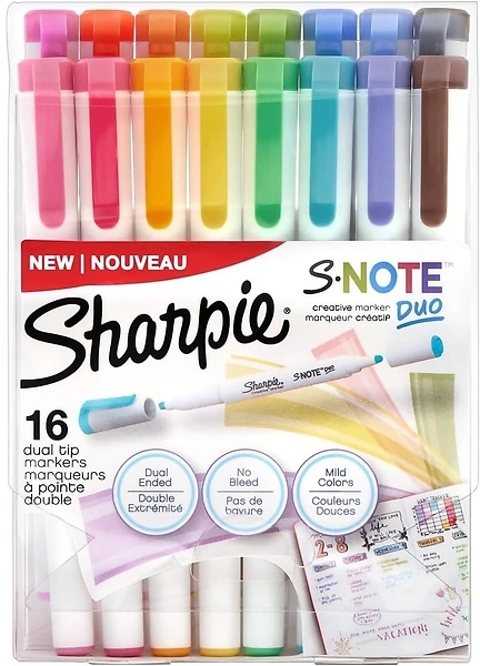 SHARPIE S-Note Duo Dual-Ended Marker Set, Assorted Colors, 16 Count
