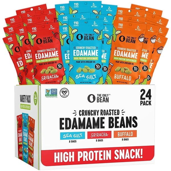 The Only Bean Crunchy Roasted Edamame Variety Pack, 24 Count, Vegan Snacks