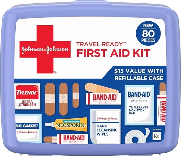 Johnson & Johnson Travel Ready Emergency First Aid Kit, 80 pc for Minor Wounds