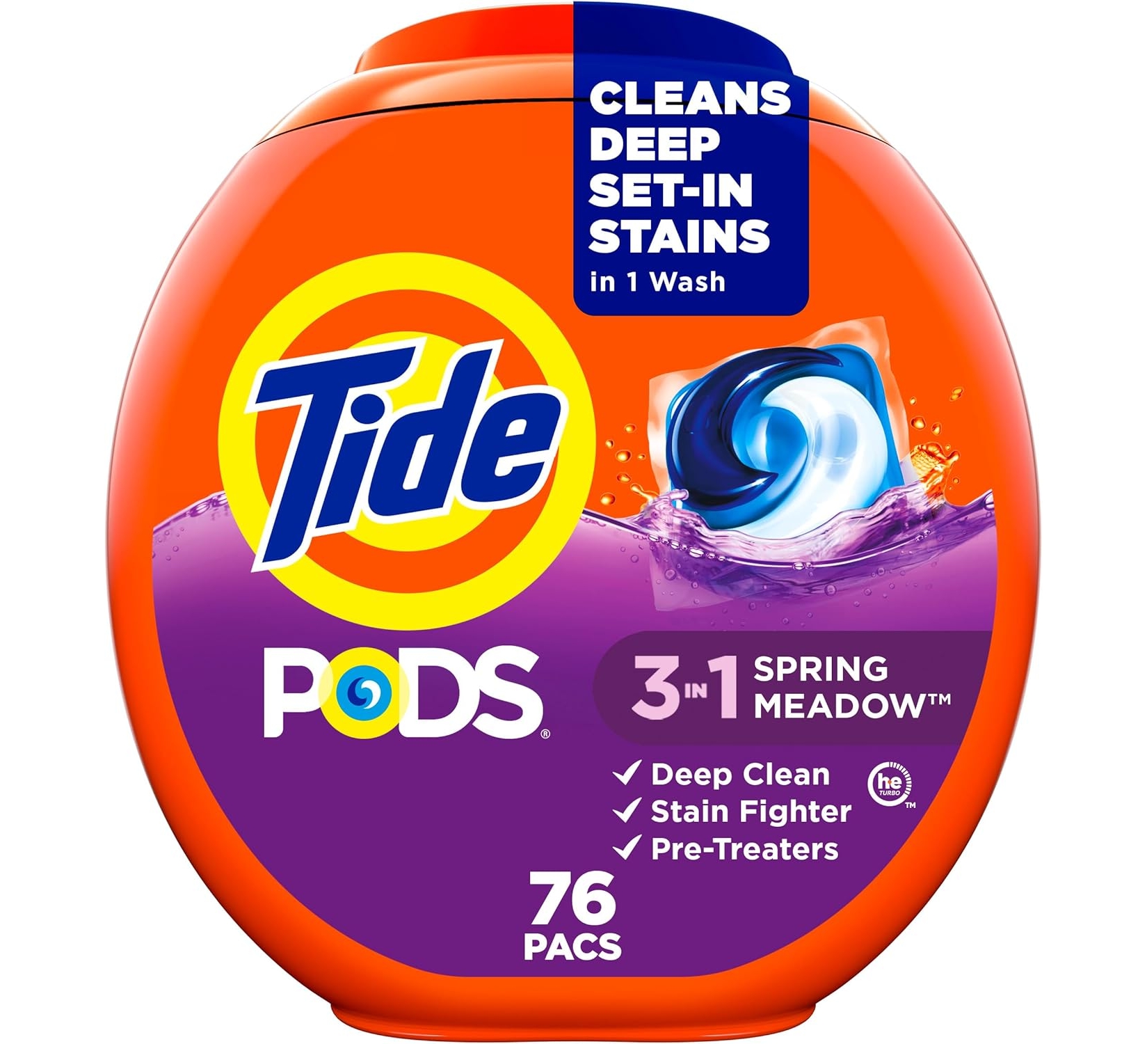 Tide PODS Liquid Laundry Detergent Pacs, 3-in-1 Clean, Spring Meadow Scent, 76 Count