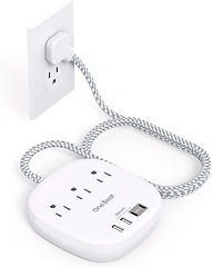Flat Plug Power Strip, 5ft Extension Cord - 3 Outlets, 4 USB Ports, 22.5W/4.5A
