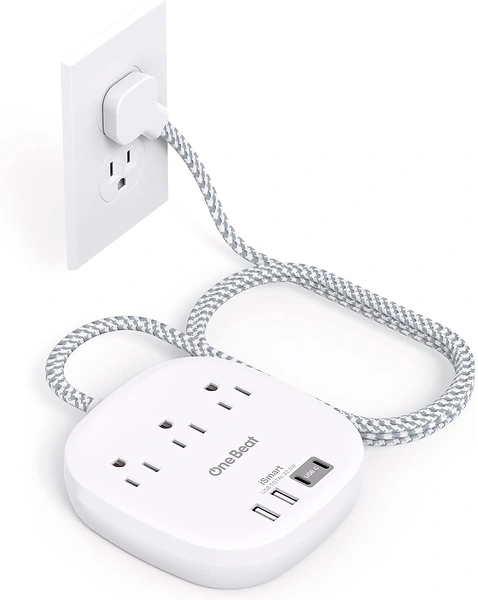 Flat Plug Power Strip, 5ft Extension Cord - 3 Outlets, 4 USB Ports, 22.5W/4.5A