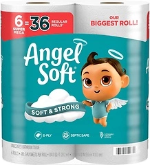 Angel Soft Toilet Paper, 6 Super Mega Rolls, Soft and Strong Tissue
