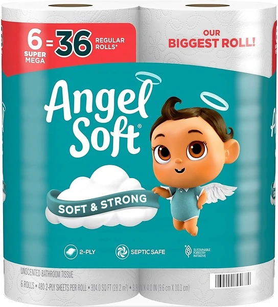 Angel Soft Toilet Paper, 6 Super Mega Rolls, Soft and Strong Tissue