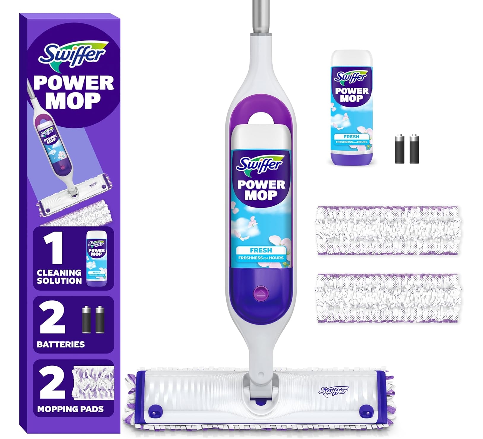 Swiffer PowerMop Kit, Multi-Surface Mop, Fresh Scent, 2 Pads, Solution, 2 Batteries