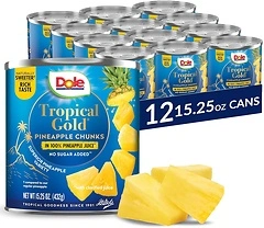 Dole Canned Fruit, Tropical Gold Pineapple Chunks in 100% Pineapple Juice, 12 Count
