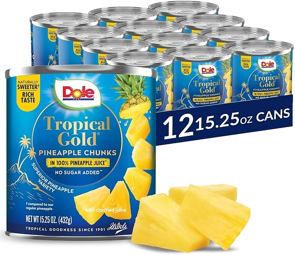Dole Canned Fruit, Tropical Gold Pineapple Chunks in 100% Pineapple Juice, 12 Count