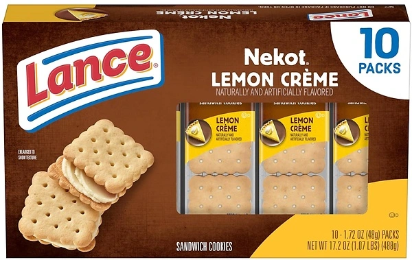 Lance Sandwich Cookies, Nekot Lemon Creme, 10 Packs, 6 Sandwiches Each