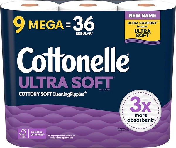 Cottonelle Ultra Comfort Toilet Paper, 9 Mega Rolls (36 Regular Rolls)