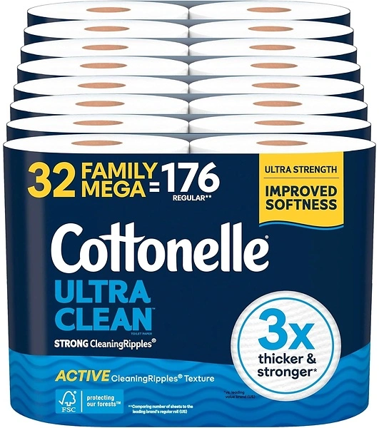 Cottonelle Ultra Clean Toilet Paper, Active Cleaning Ripples, 32 Mega Rolls
