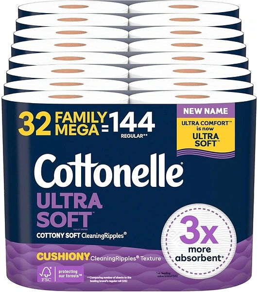 Cottonelle Ultra Comfort Toilet Paper, 32 Family Mega Rolls, 296 Sheets per Roll