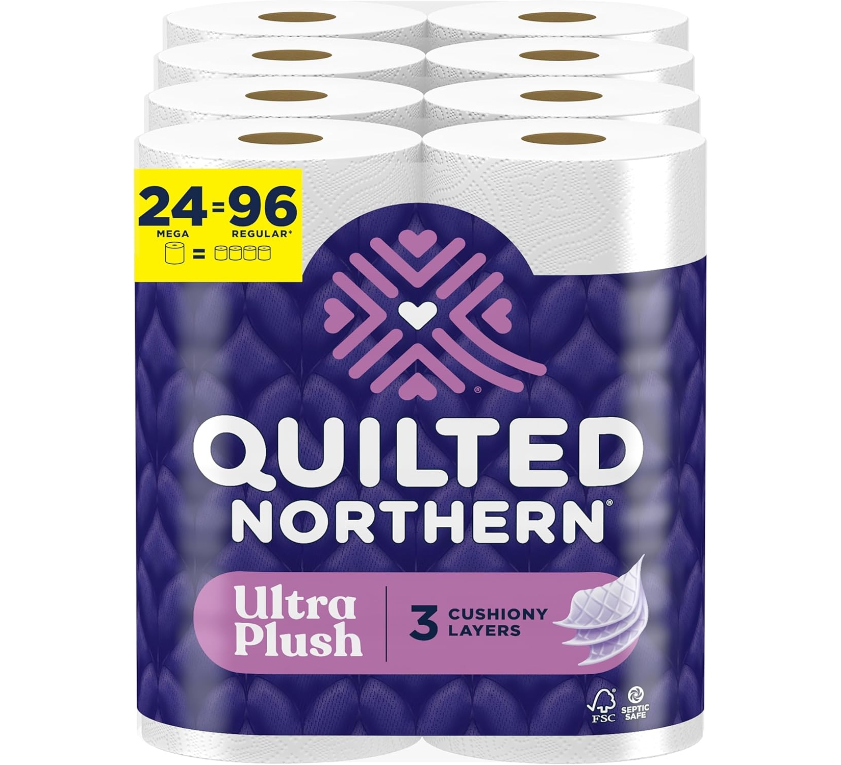 Quilted Northern Ultra Plush Toilet Paper, 24 Mega Rolls, 3-Ply Soft Tissue