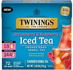 Twinings Strawberry & Raspberry Herbal Iced Tea, 72 Unsweetened Tea Bags