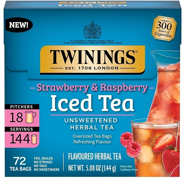 Twinings Strawberry & Raspberry Herbal Iced Tea, 72 Unsweetened Tea Bags