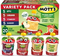 Mott's No Sugar Added Applesauce Variety Pack, 20 Pouches, 4 Flavors
