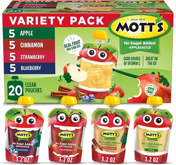 Mott's No Sugar Added Applesauce Variety Pack, 20 Pouches, 4 Flavors