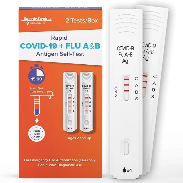SpeedySwab COVID-19 and Flu A&B, 3-in-1 Antigen Rapid Test Kit, 2 Pack