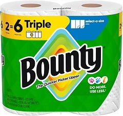 Bounty Select-A-Size Paper Towels, White, 2 Triple Rolls 6 Regular Rolls