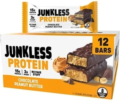 JUNKLESS Protein Bars, Chocolate Peanut Butter, 15g Protein, 12 Bars