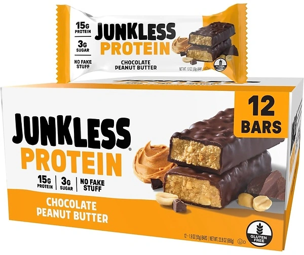 JUNKLESS Protein Bars, Chocolate Peanut Butter, 15g Protein, 12 Bars