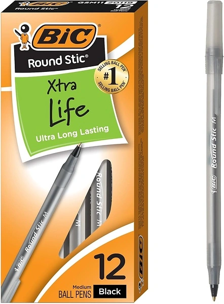 BIC Round Stic Xtra Life Black Ballpoint Pens, Medium Point (1.0mm), 12 Count
