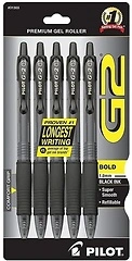 Pilot G2 Premium Refillable Rolling Ball Gel Pens, Bold Point, Black Ink, 5 - Pack