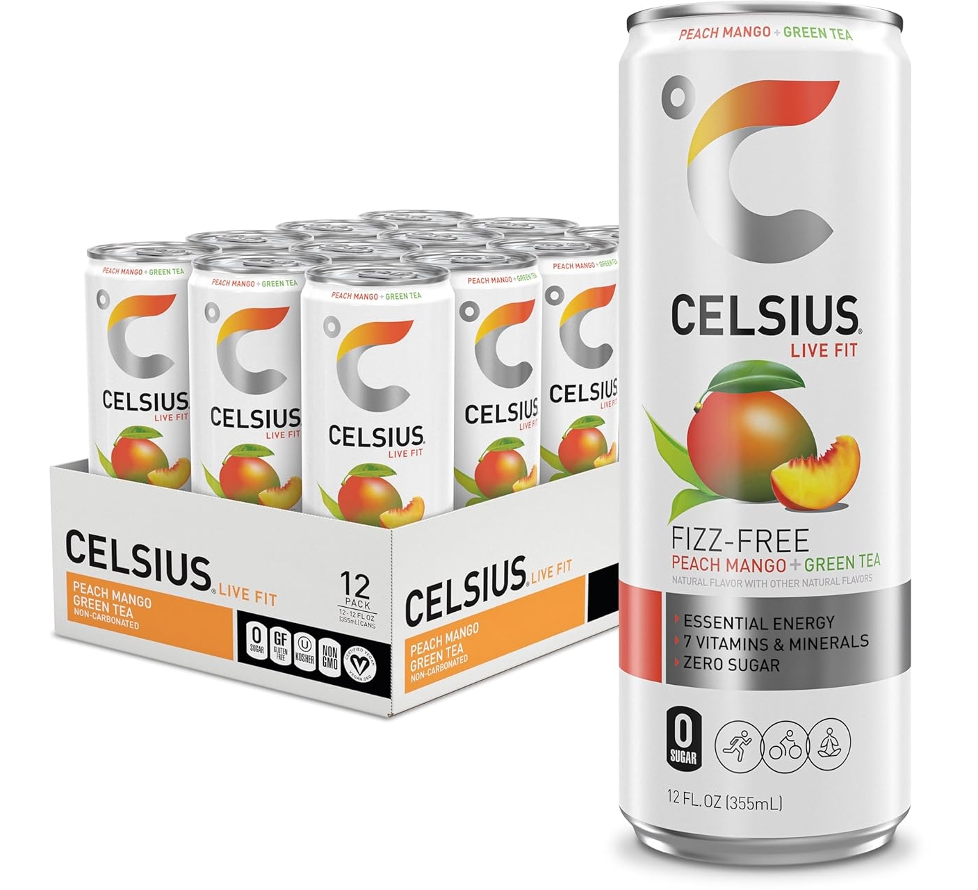 CELSIUS Fizz Free Peach Mango Green Tea, Sugar Free Energy Drink, 12 Fl Oz, 12 Pack