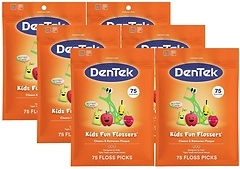 DenTek Fun Flossers – Kids Floss Picks with Wild Fruit Flavor, 75 Count, Pack of 6