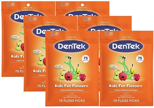 DenTek Fun Flossers – Kids Floss Picks with Wild Fruit Flavor, 75 Count, Pack of 6