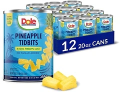 Dole Pineapple Tidbits in 100% Pineapple Juice, No Sugar Added, 12 Cans, 20 oz