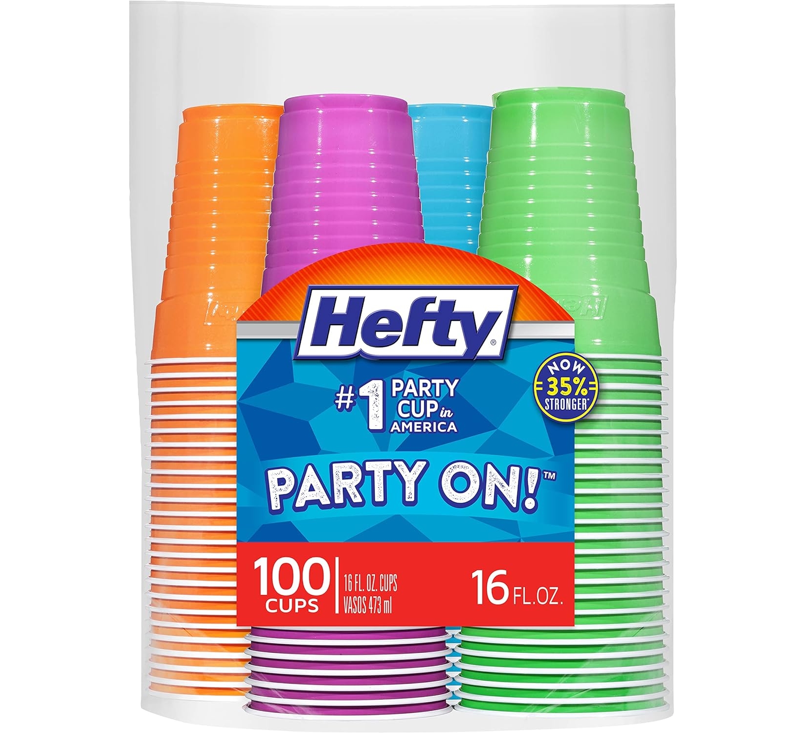Hefty Party On Disposable Plastic Cups, Assorted, 16 Ounce, 100 Count