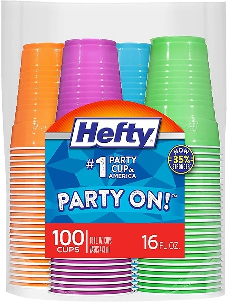 Hefty Party On Disposable Plastic Cups, Assorted, 16 Ounce, 100 Count