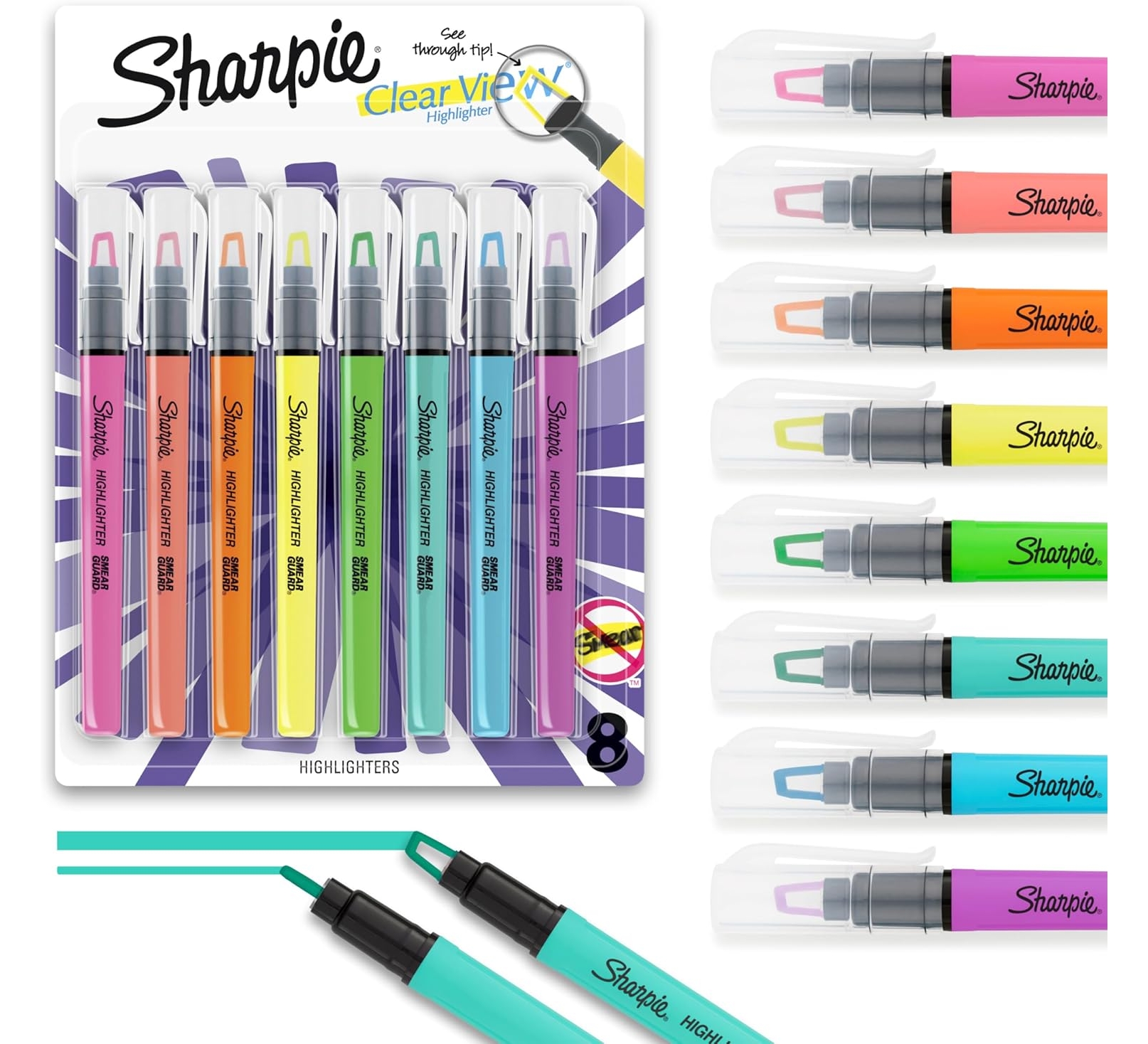Sharpie Clear View Stick Highlighters, Chisel Tip, Assorted Colors, 8 Count