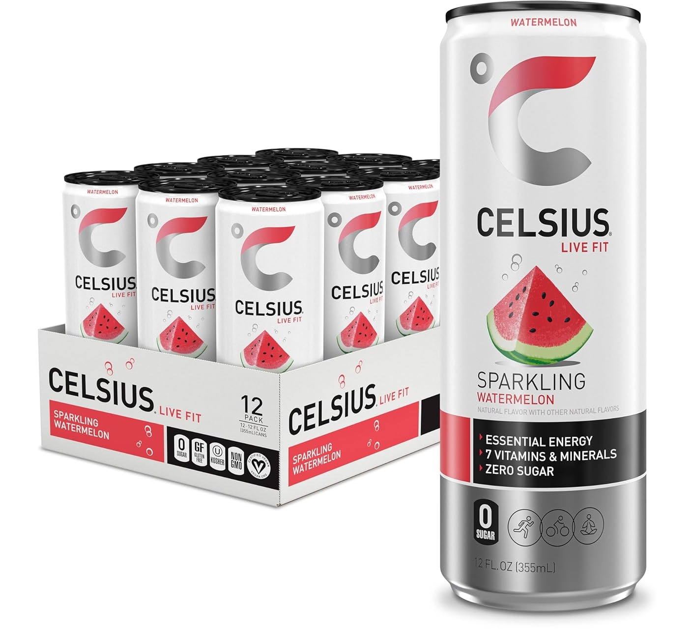 CELSIUS Sparkling Watermelon, Sugar Free Energy Drink, 12 Fl Oz (Pack of 12)