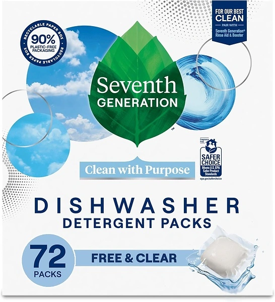 Seventh Generation Dishwasher Detergent Packs, Free & Clear, 72 Count