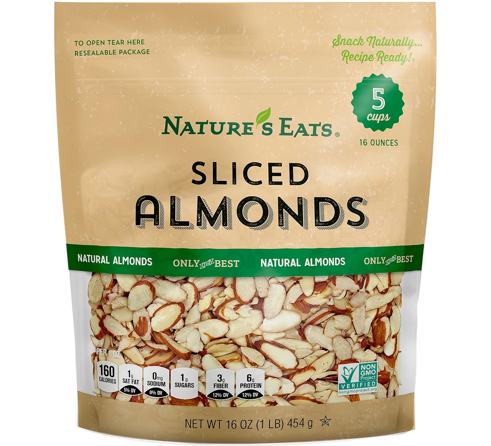 Nature's Eats Natural Sliced Almonds, Blanched, 16 oz Resealable Bag