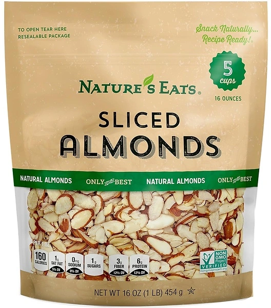 Nature's Eats Natural Sliced Almonds, Blanched, 16 oz Resealable Bag