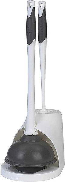 Clorox Toilet Plunger and Brush Bowl Set with Holder Caddy, White and Gray