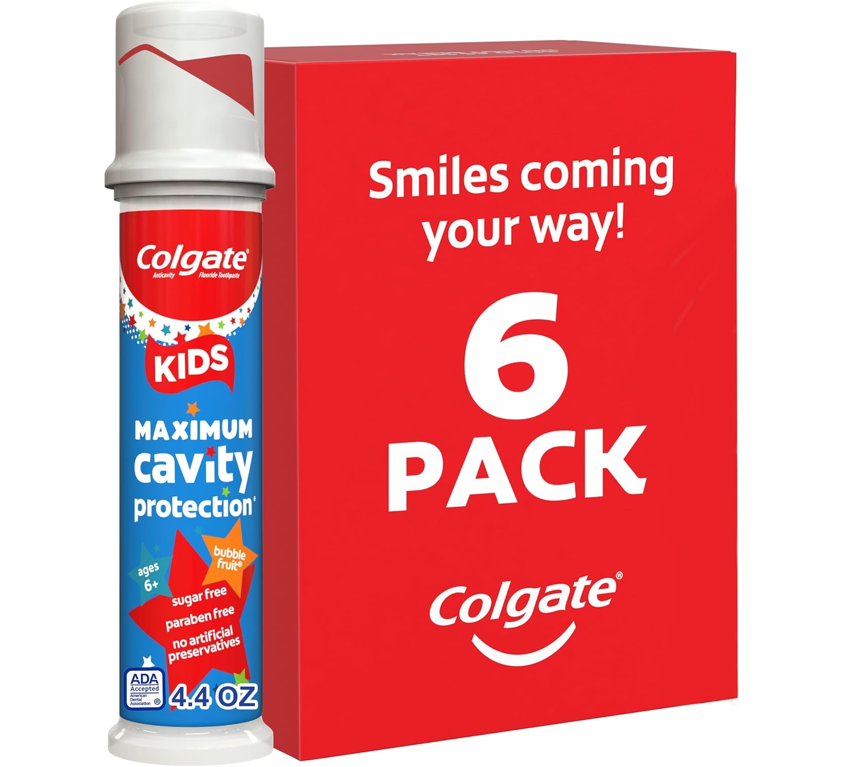 Colgate Kids Toothpaste Pump with Fluoride, Ages 6+, Bubble Fruit, 4.4 oz, 6 Pack