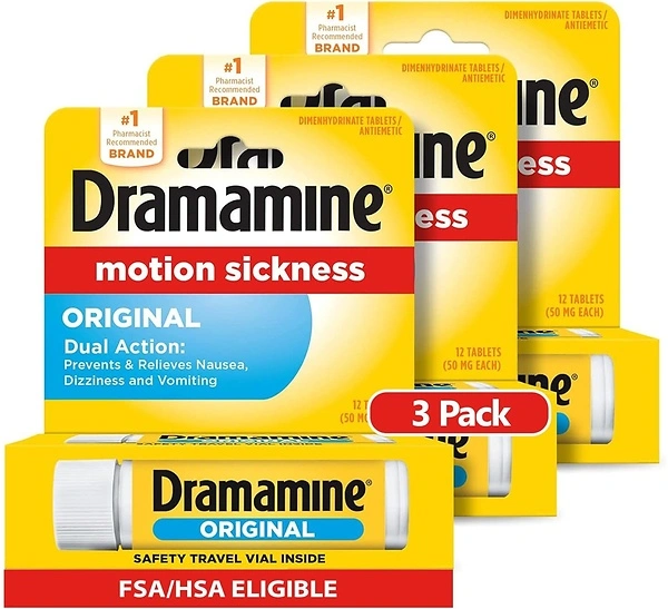 Dramamine Motion Sickness Original, Nausea Relief During Travel, 12 Count, 3 Pack