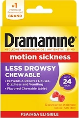 Dramamine Motion Sickness Less Drowsy Chewables, Raspberry Cream, 12 Count